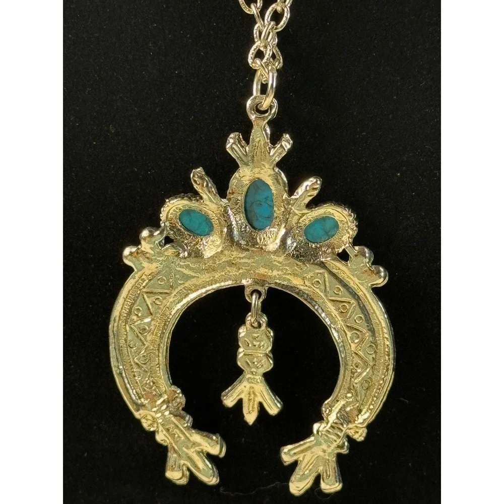 Western Horseshoe Squash Blossom Turquoise Necklace Silver Tone‎